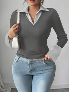 Elenzga Women's Plus Size Elegant Contrast Collar & Cuff Design Fitted High Stretch Ribbed Fabric Casual Long Sleeve Top - Multicolor - View 5