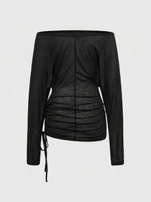 ROMWE Grunge Punk Spring/Summer Casual Black Graphic Punk Style Cross Rivet Off Shoulder Women Kpop Long Sleeve T-Shirt Top - Black - View 2