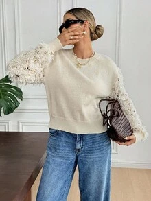 SHEIN Frenchy Women's Fashion Sequin Decor Round Neck Long Sleeve Sweater,Fall And Winter, Christmas,New Year - Apricot - View 7