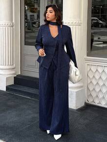 Easura 大码条纹夹克和裤子套装 - 藏蓝色 - 查看 5