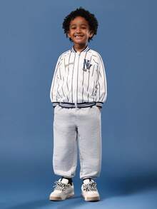 SUMWON 男童棒球校队飞行员夹克条纹纽约标志经典复古运动风格春秋季休闲外套白色海军蓝 - 藍白色 - 查看 3