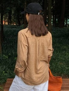 DAZY Locker geschnittenes Hemd mit besticktem Muster, Kentkragen, Langarm, Lässig Vintage Stil für Damen, Herbst/Winter - Braun - Übersicht 2