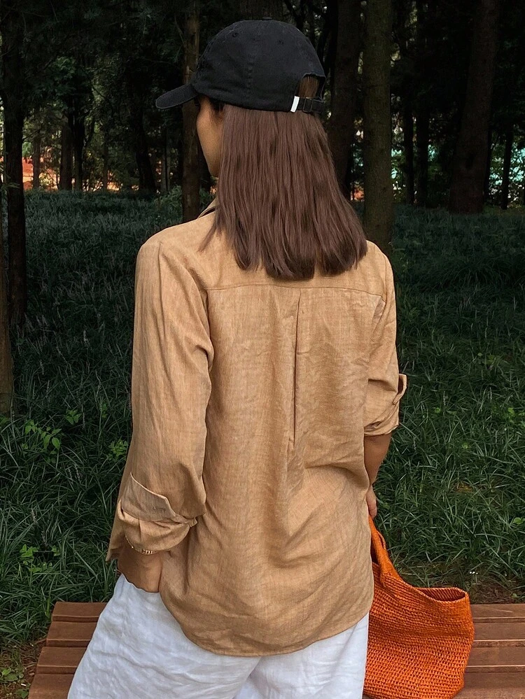 Loose Fit Embroidered Pattern Turndown Collar Long Sleeve Casual Vintage Shirt For Women, Autumn/Winter