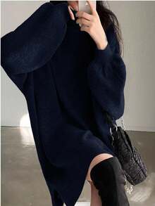 Almamuse Women's Solid Color High Neck Dropped Shoulder Long Sleeve Loose Knit Sweater Dress, Autumn/Winter - Navy Blue - View 7