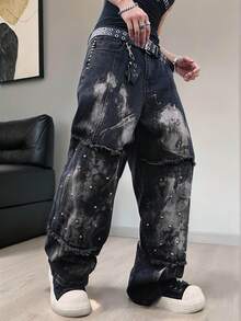 Manfinity EMRG 男士街头时尚半圆铆钉图案宽松阔腿洗水牛仔裤，emo风格 - 黑色 - 查看 1