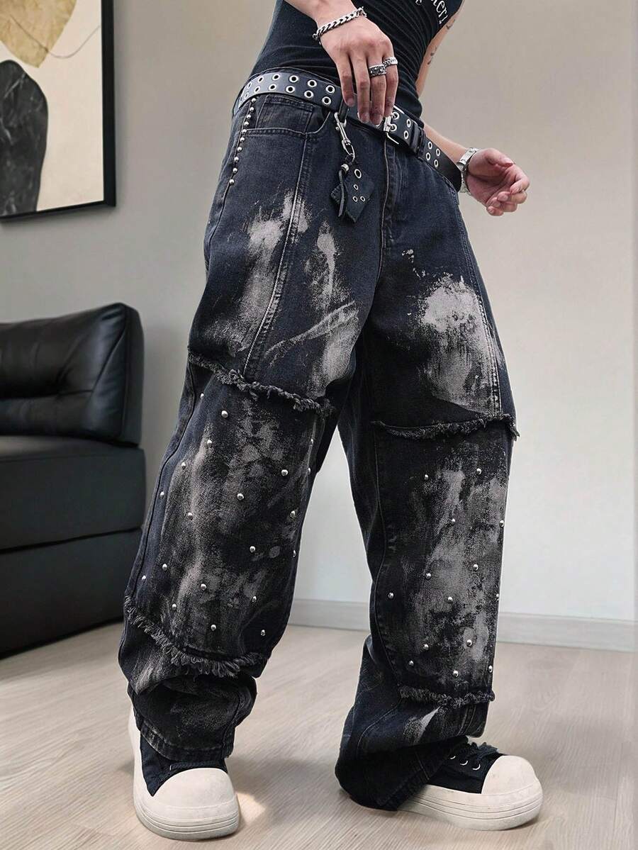 Manfinity EMRG 男士街头时尚半圆铆钉图案宽松阔腿洗水牛仔裤，emo风格 - 黑色 - 查看 1