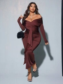 Viva Relle Valentine Plus Size Women's Solid Color Off Shoulder Long Sleeve Ruffle Hem Fitted Pleated Elegant Dress - Chocolate Brown - View 6