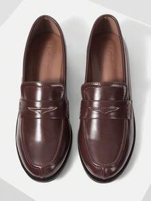 MOTF PREMIUM WOMEN'S CLASSIC SIMPLE PU LEATHER LOAFERS, COMFORTABLE RETRO BRITISH STYLE FLAT SHOES FOR AUTUMN/WINTER - Coffee Brown - View 1