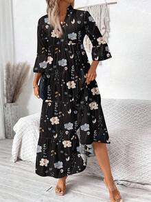 SHEIN LUNE Vestido elegante de talla grande con estampado floral vintage casual, adecuado para otoño/invierno - Negro - Ver 3