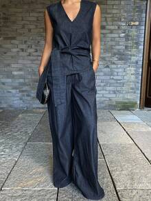 DAZY 女士休闲牛仔腰带背心和阔腿裤套装 - 藏蓝色 - 查看 1