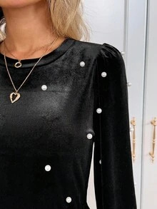 SHEIN LUNE Vestido largo de terciopelo casual con cuentas para mujer, vestido de terciopelo con adornos de perlas, vestido de terciopelo elegante, vestido midi negro, vestido elegante de manga larga, vestido midi elegante, vestido de terciopelo negro, vestido de fiesta de carnaval, conjunto de fiesta para mujer, vestido negro, vestido de otoño para mujer - Negro - Ver 3
