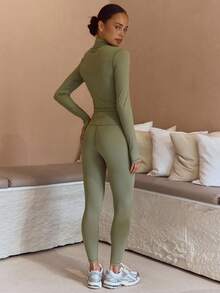 Musera Sport Musera Sport Cropped BBL Jacket And Crossover Waistband Leggings Co Ord Set Elegant Casual Active Workout Gym Fall Autumn Back To School Pilates Zip Up