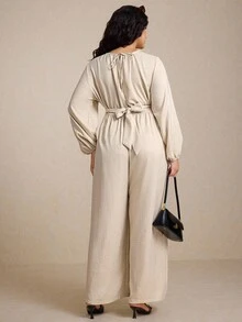 Elaquor Plus Size Women's Solid Color Keyhole Neck Lantern Sleeve Wide Leg Casual Jumpsuit Long Sleeve Jumpsuit Jumpsuits For Women Plus Size Jumpsuit Women Jumpsuit Wide Leg Jumpsuit - Apricot - View 2