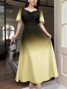 Modelyn 女式黑色和粉色渐变色蝙蝠印花褶饰短袖甜美法式夏装 - 黃色 - 查看 3