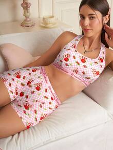 Strawberry Shortcake X SHEIN 女士卡通人物和草莓格子印花字母带饰工字背心文胸和宽松内裤内衣套装 - 粉色 - 查看 4