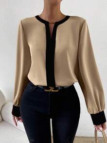 RosyDaze Camisa de manga larga minimalista con ribete de contraste para uso casual y diario de mujeres - Caqui - Ver 3