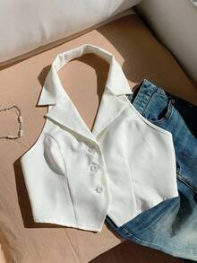 SHEIN EZwear 秋冬女士白色编织 V 领无袖西装外套，正面有纽扣，背面有露背 - 白色 - 查看 4