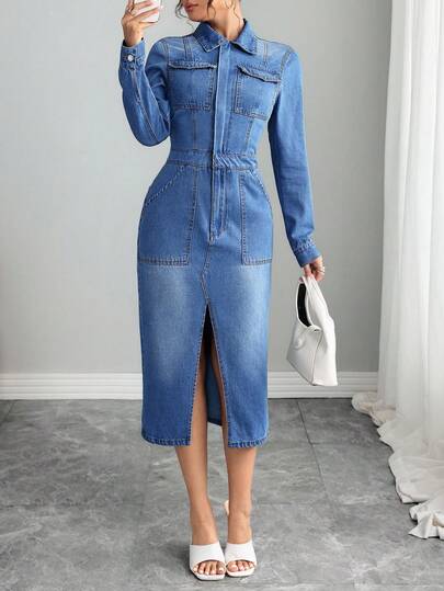 Elenzga Casual Elegant Women Denim Dress