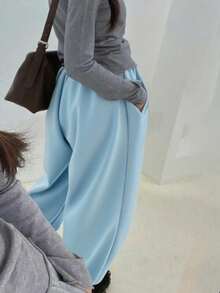 INAWLY 女式蓝色口袋黑色松紧腰宽松抽绳运动裤 - 霧霾藍 - 查看 2