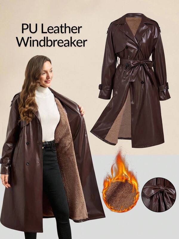 Ellevyn Fashionable Angola Red PU Leather Lined Long Windbreaker, Autumn/Winter