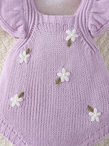 SHEIN 女婴花卉刺绣针织连体衣，优雅百搭，适合日常穿着、居家、户外和旅行 - 紫色 - 查看 6