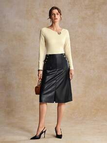House of One High-Waist Slant Pockets A-Lined Black PU Midi Skirt With Front Slit Women Autumn Elegant Wear