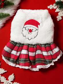 PETSIN 1pc Cat And Dog Universal Pet Clothes, Cute Embroidered Santa Claus Christmas Outfit, Autumn And Winter Plus Plush Thick Warm Cotton Dress - red grid - View 2