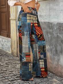 EMERY ROSE Women's Patchwork Print Loose High Waist Wide Leg Jeans - Multicolor - View 7