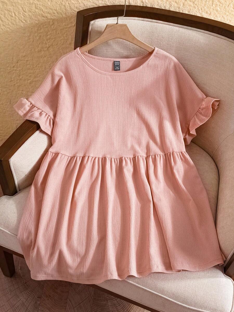 EMERY ROSE Plus Size Women's Fashionable Loose Round Neck Lace Sleeve Light Blue Shirt Mother's Day