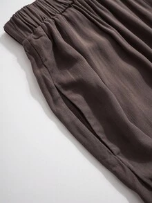 Rusticease Plus Size Women's Fall Solid Color Round Neck Long Sleeve Asymmetric Hem Top And Wide Leg Pants Loose 2-Piece Set Two Piece Set Elegant - Brown - View 7