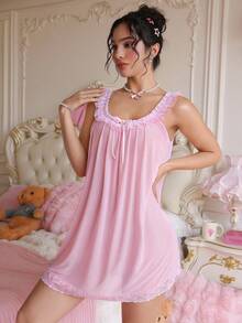 PetitDoll Women's Sweet & Sexy Lace Ruffle Hem Babydoll Dress With Bow & Floral Decor Babydoll Pajama Set Nighties Sleepwear Lingerie - Pink - View 5