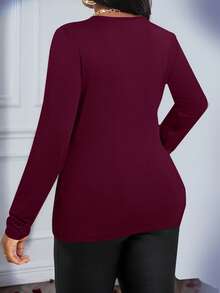 SHEIN Lady 2025 New Spring And Summer Autumn And Winter Elegant Burgundy  Knitted Round Neck Long Sleeve Contrast Mesh Plus Size T-Shirts Halloween Plus Halloween Clothes Women Sheer Classy For Women Elegant Bodysuits For Women Long Sleeve Elegant 2 Piece Set 2 Piece Sets Curvy Curve 2 Piece Outfits 2 Piece Sets Woman Classyparty Top  Halloween Costumes Christmas Clothes