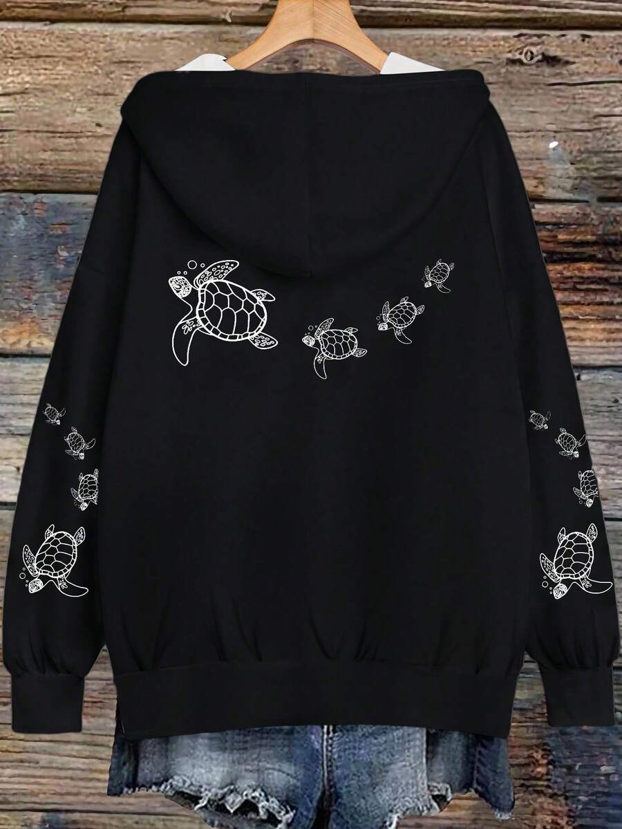 SHEIN EZwear 休闲简约海龟图案印花黑色连帽卫衣，适合秋冬季 - 彩色 - 查看 1