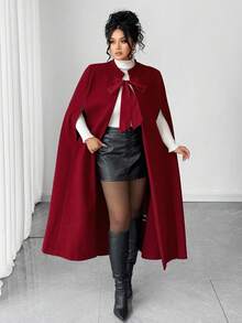 Elenzga Plus Size Women Elegant Woven Sleeveless Cloak With Large Red Bowknot Shoulder Strap, Mid-Length Woolen