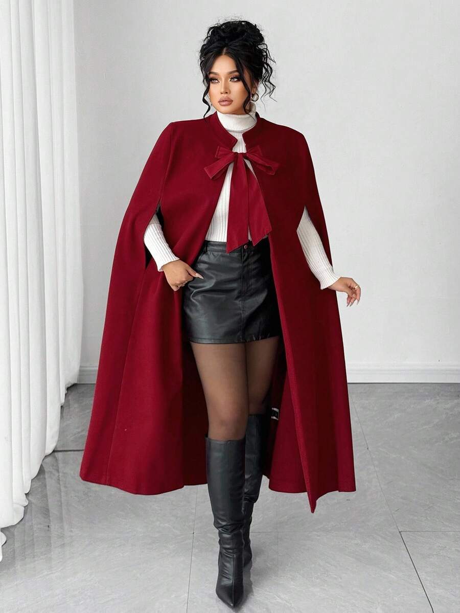 Elenzga Plus Size Women Elegant Woven Sleeveless Cloak With Large Red Bowknot Shoulder Strap, Mid-Length Woolen