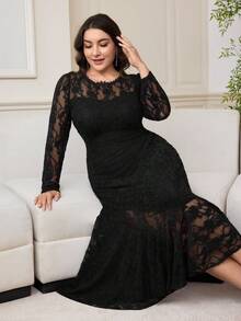 Modelyn Plus Size Women Floral Lace Round Neck Long Sleeve Fitted Elegant Dress - Black - View 7