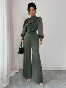 Elenzga 女士优雅通勤连体裤，立领，褶皱领，泡泡袖，蝴蝶结腰部，双口袋，长袖，修身版型，直筒裤，苔绿色，秋冬 - 墨綠色 - 查看 7