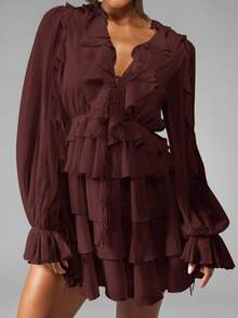 MISSGUIDED Elegant Chiffon Tiered Ruffle Mini Dress With Balloon Sleeves V-Neck Long Sleeve Party Wedding Guest Fall Winter Dress Special Occasion - Brown - View 5