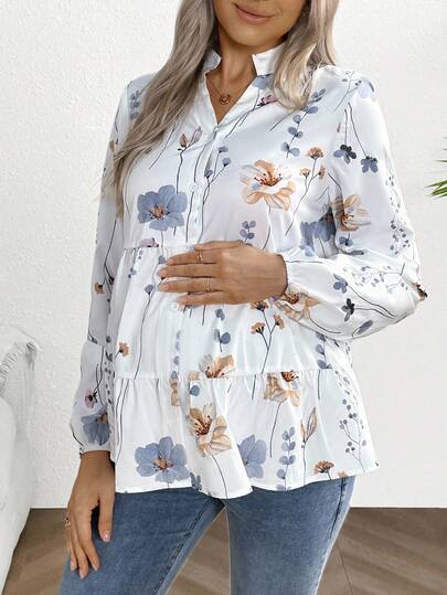 SHEIN Maternity Casual Floral Print Long Sleeve Button Down Shirt With Layered Hem