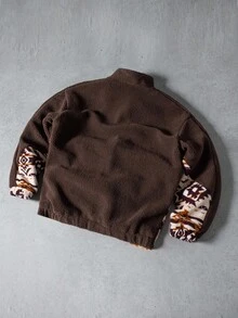 Manfinity EMRG Men's Long Sleeve Vintage Stand Collar Zip-Up Casual Jacket Brown Earthy Western Fleece Jacket Southwestern Fleece Jacket , Fall Winter