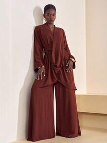 Zivah 2025 年秋季新款音乐节、复活节、圣帕特里克节、西部风、游牧风、生日派对、毕业典礼、学院风、学生装、日常休闲、百搭百搭、休闲、邮轮旅行、海滩、日光浴、病毒式传播、街头服饰、婚礼宾客波西米亚风、通勤、早午餐、机场、派对和节日服装 2 件套：交叉裹身 3/4 袖上衣和亚麻棕色阔腿裤 - 棕色 - 查看 3