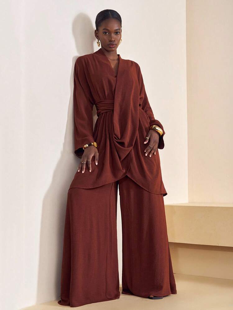 Zivah 2025 Autumn New Music Festival, Easter, St. Patrick's Day, Western, Nomadic, Birthday Party, Graduation, College Style, Student Wear, Daily Casual, All-Match Versatile, Leisure, Cruise Travel, Beach, Sunbathing, Viral , Streetwear, Wedding Guest Boho, Commute, Brunch, Airport, Party & Holiday Outfits 2-Piece Set: Cross-Wrap 3/4 Sleeve Top And Wide Leg Pants In Linen Brown - Brown - View 3