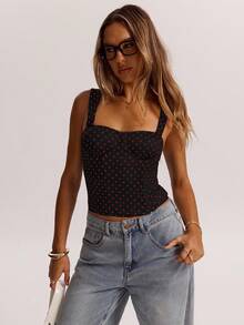 SHEIN BAE 女士约会之夜女友聚会生日派对夜店假日派对优雅波点上衣，女友聚会，约会，日常通勤束身衣，性感夏季上衣 - 紅色和黑色 - 查看 3