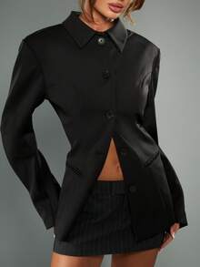 MISSGUIDED Áo khoác Blazer nữ dáng rộng tay dài cài nút phía trước, dáng công sở, vai hộp, thiết kế chuyên nghiệp, trang phục công sở thu đông, trang trọng - màu đen - Xem 4