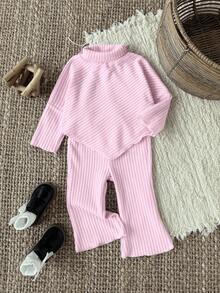 Souflis Souflis Baby Girl Infant Toddler Newborn 0-3 Years Casual Daily Versatile Fashion Outerwear High Collar Drop Shoulder Ribbed Knit Long Sleeve Top + Flared Pants Set, Infant Autumn/Winter Clothing, Khaki Fall - Pink - View 4