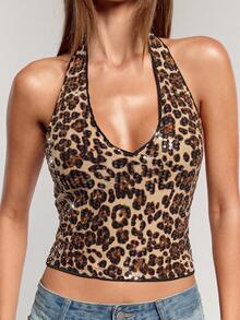 SHEIN BAE 女士露背吊带亮片豹纹背心，适合派对、节日、新年、圣诞派对等场合穿着。 - 摩卡棕 - 查看 7