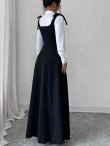 Elenzga New Women's Square Neck Wide Strap Bow Knit Textured Fabric Faux Pocket Pleated Design Dress, Casual Vacation Everyday Versatile Young Elegant, Spring/Summer