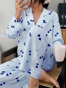 SHEIN Women's Collared Heart Striped Long Sleeve Top & Pants Pajama Set, Blue And White Pajama Set, Fall Winter Clothes - Blue - View 8
