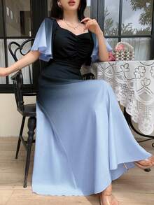 Modelyn 女式黑色和粉色渐变色蝙蝠印花褶饰短袖甜美法式夏装 - 藍色 - 查看 7