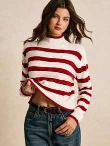 Poéselle 女式休闲拼色条纹立领毛衣，秋冬 - 紅白色 - 查看 3